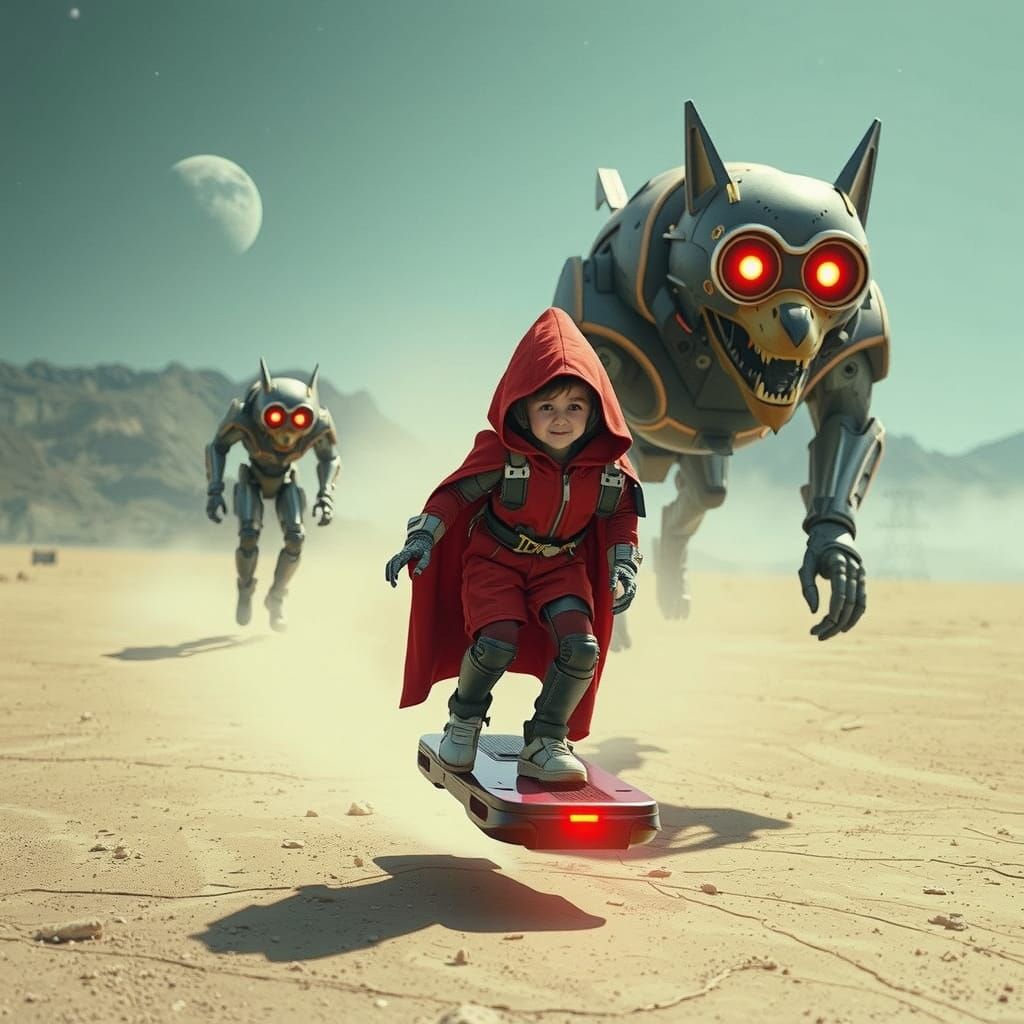 Futuristic Robot Riding Hood in Desolate Galaxy