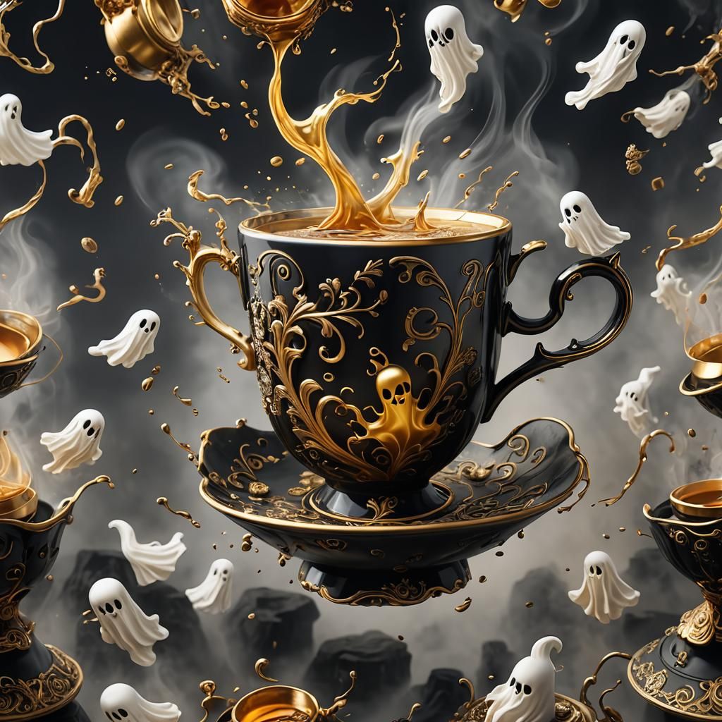 Ghostly Apparition Emerges from Ornate Coffee Cup
