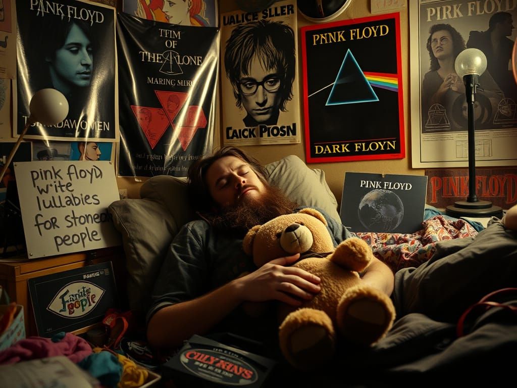 Bearded Hippy Hugs Teddy Bear in Psychedelic Bedroom