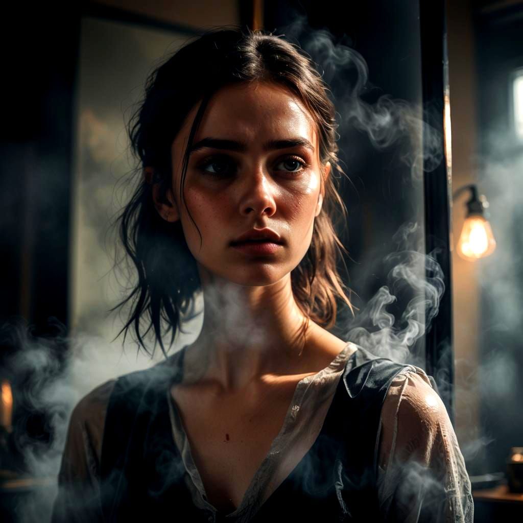 Sad Girl Reflected in Steamy Mirror
