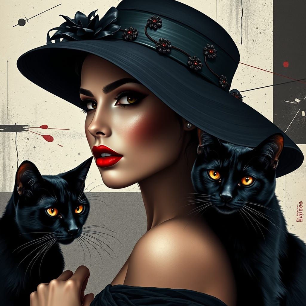 Woman in a Bold Black Hat with Cats