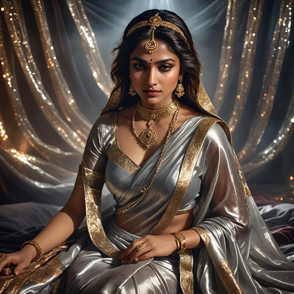 Woman in Saree, Hyper-Realistic Portrait with Dynamic Lighti...