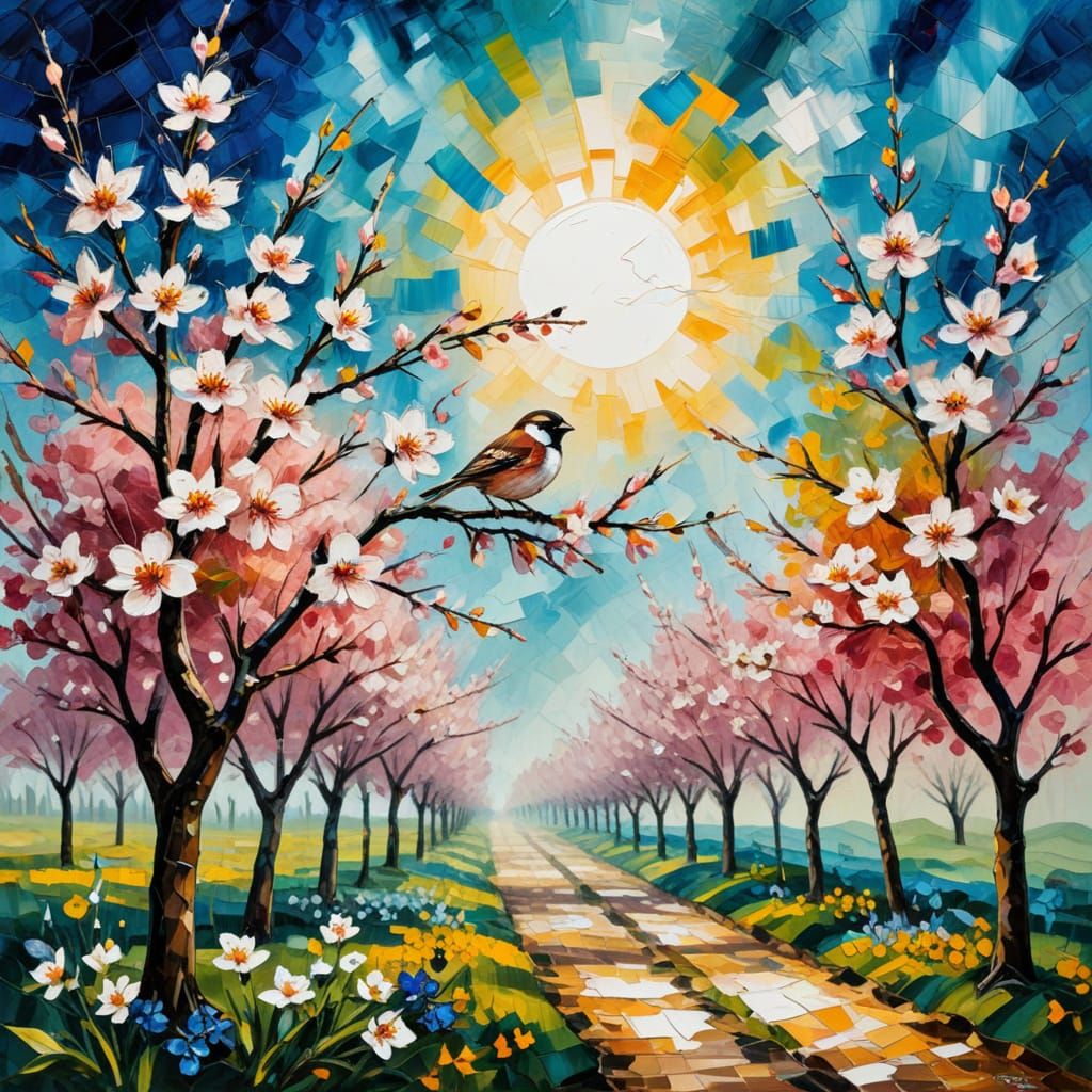 Cherry Orchard Sparrow: Expressionist Hot Wax Painting