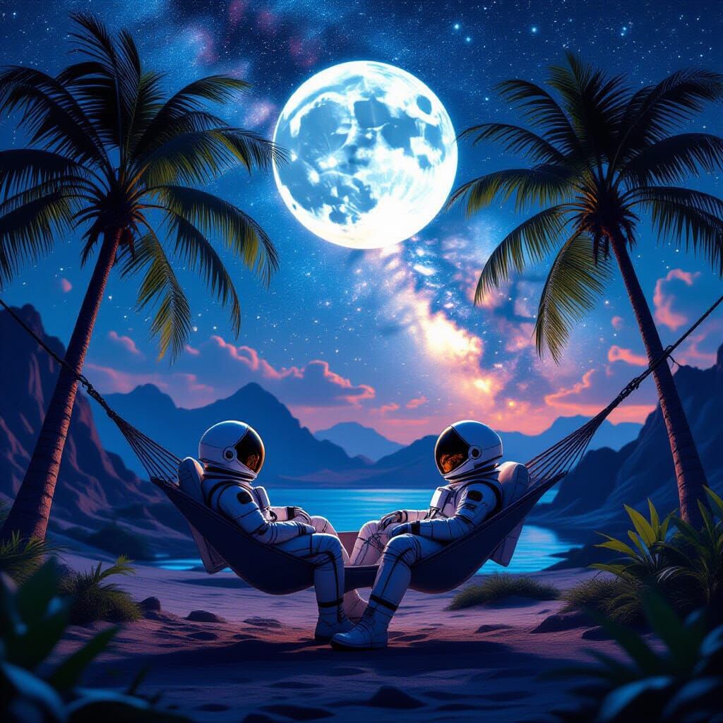 Astronauts Relaxing on Alien Planet Under Glowing Palm Trees