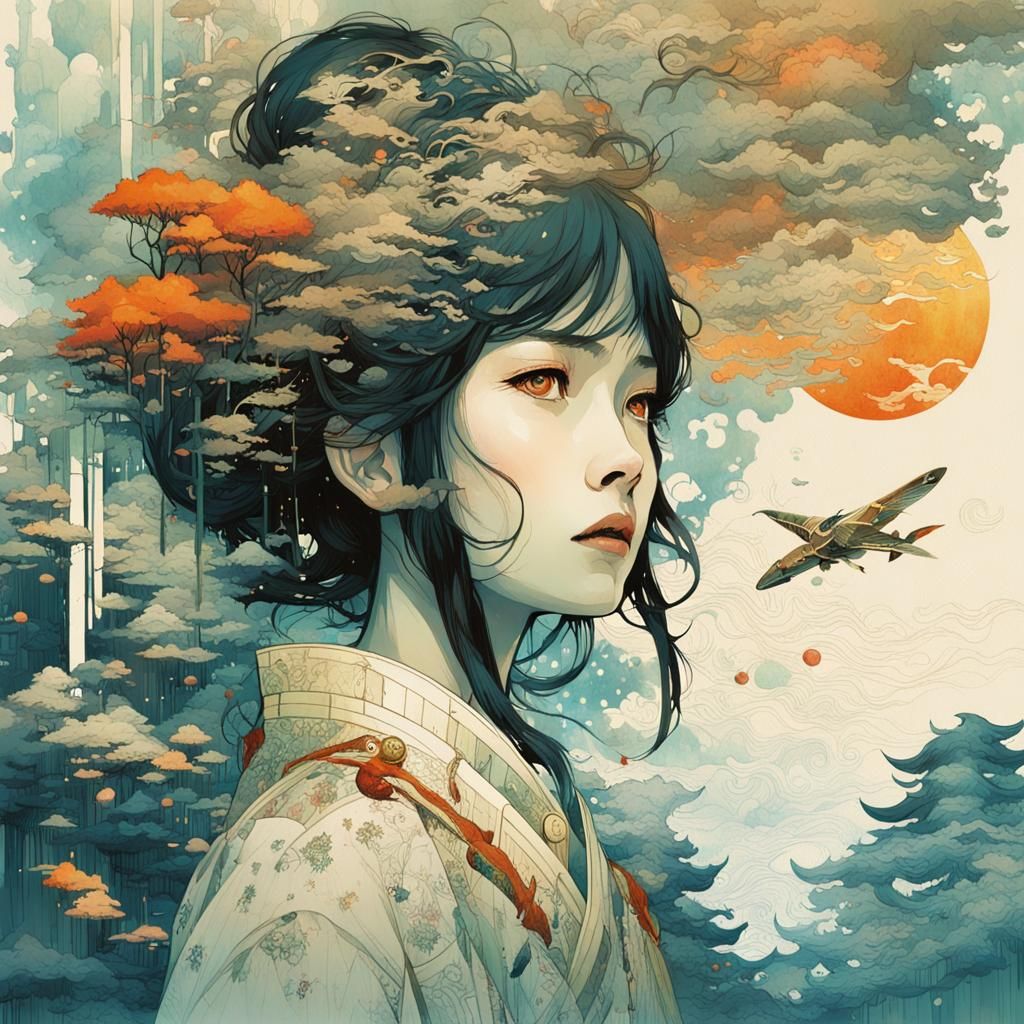 Japanese Military School Girl in Watercolor Style