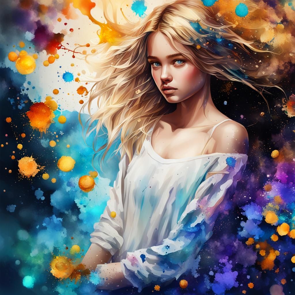 Adorable Blonde Girl in Alcohol Ink Splatter Art