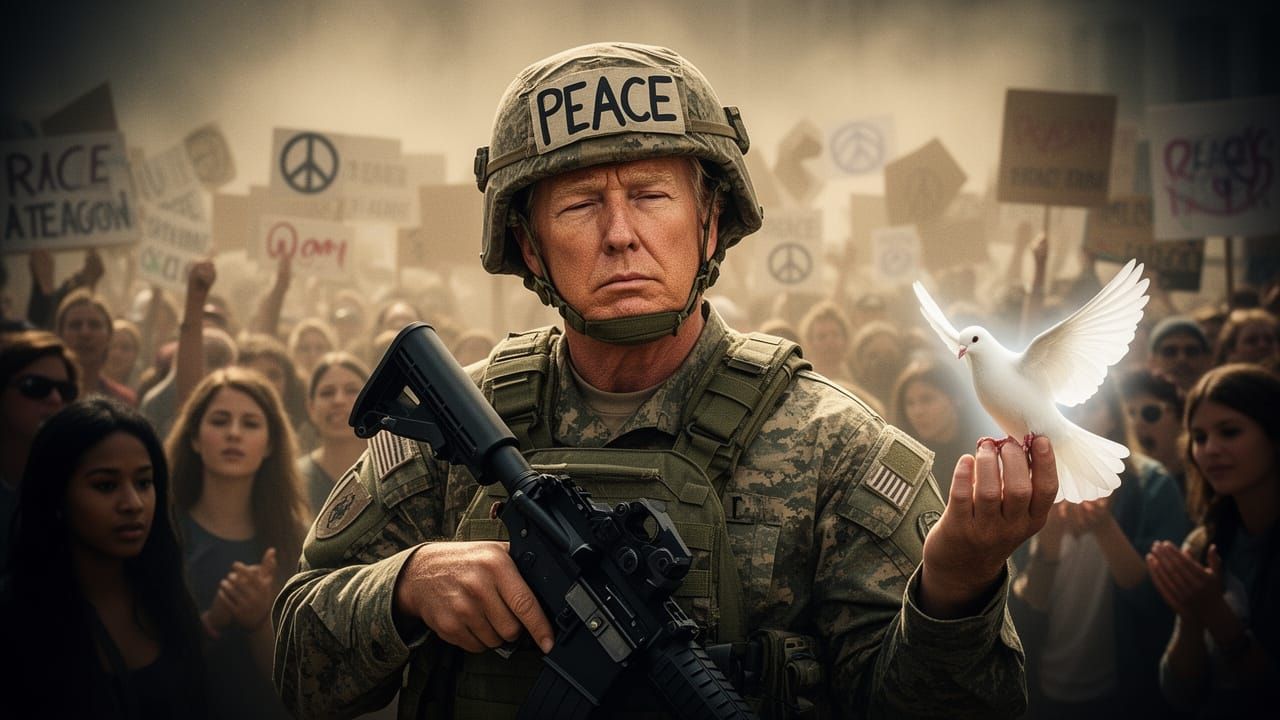 Presidential Figure Holding Rifle and Dove in Chaotic Scene