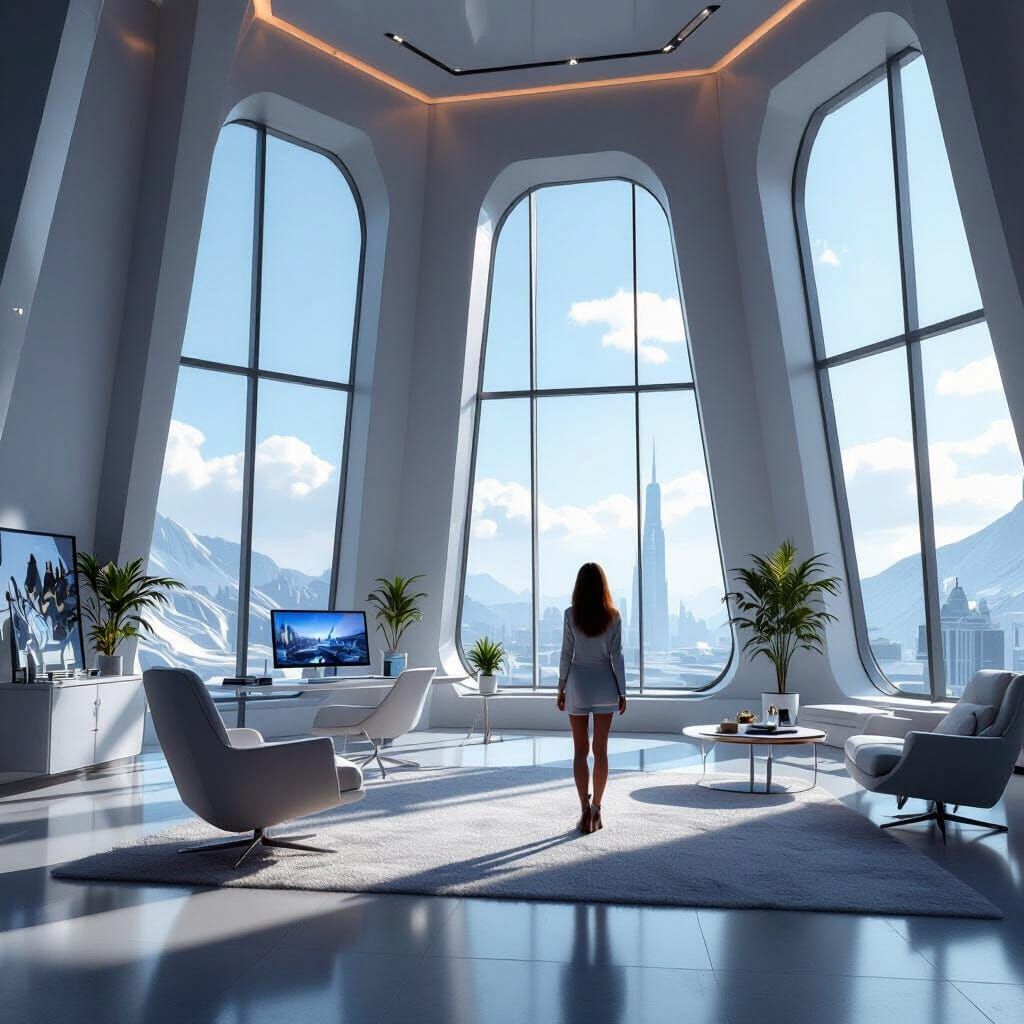 Architect Girl in Open Studio, 3D Game Cinematic Style