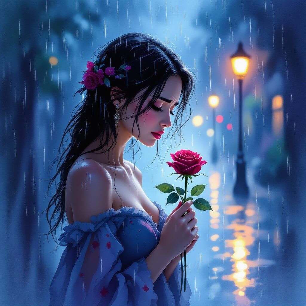 Woman in Rain Clutches Wilting Rose, Expressing Sorrow