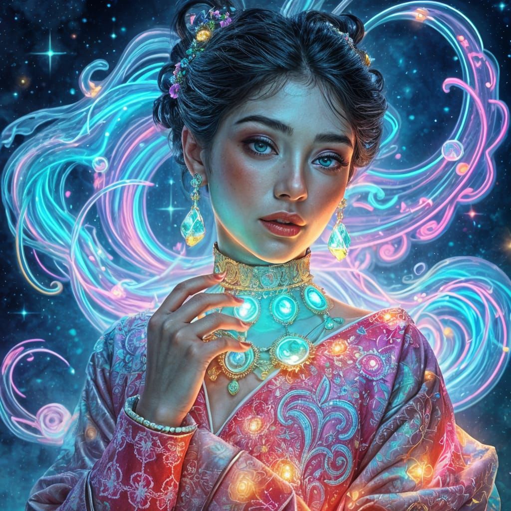 Glowing Woman Portrait with Holographic Bioluminescence