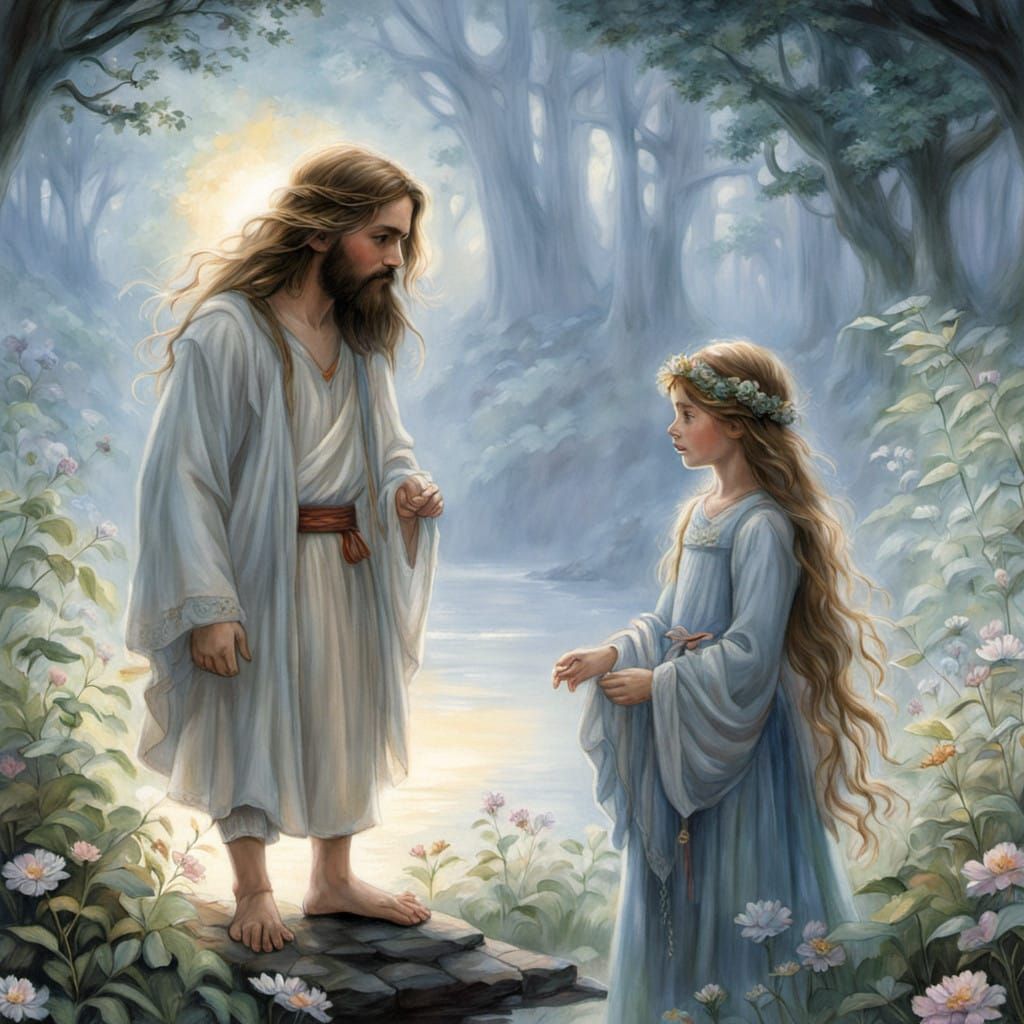 Jesus Christ in Serene Garden, Surrounded by Soft Light and ...