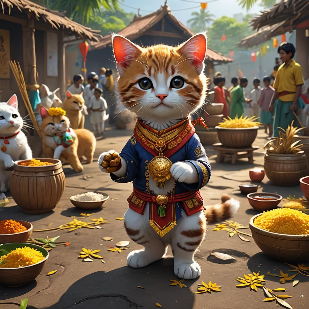 Anthropomorphic kitten is celebrating pongal festival in ind...
