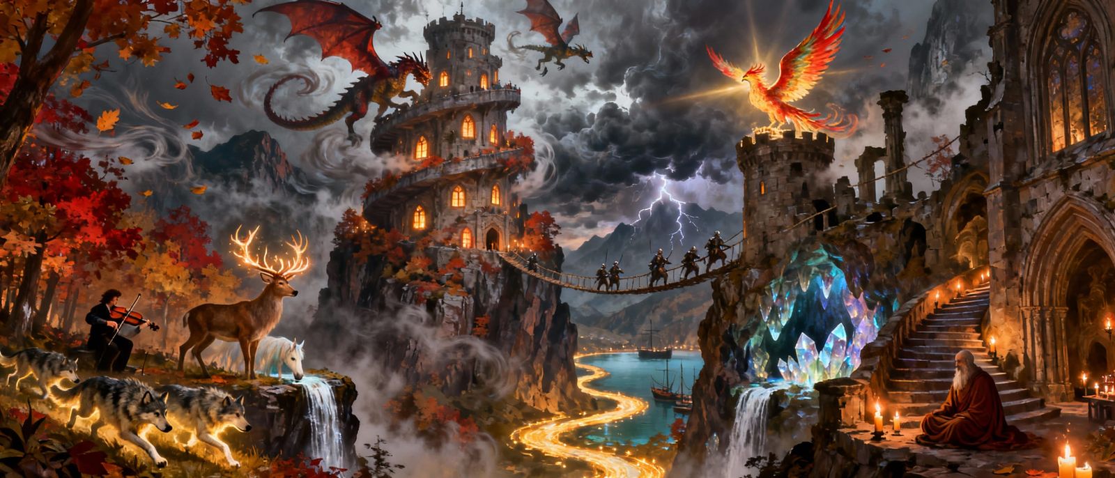 Fantasy Castle Battle with Dragons and Phoenix