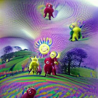 Surreal Teletubbies in a Psychedelic Dreamscape
