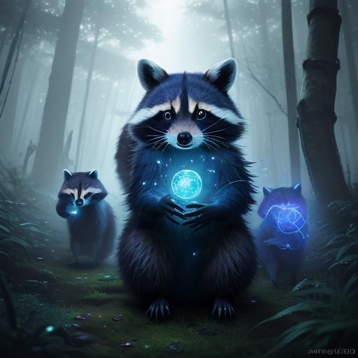 Enchanting Blue Ghost Raccoons in Anime Style