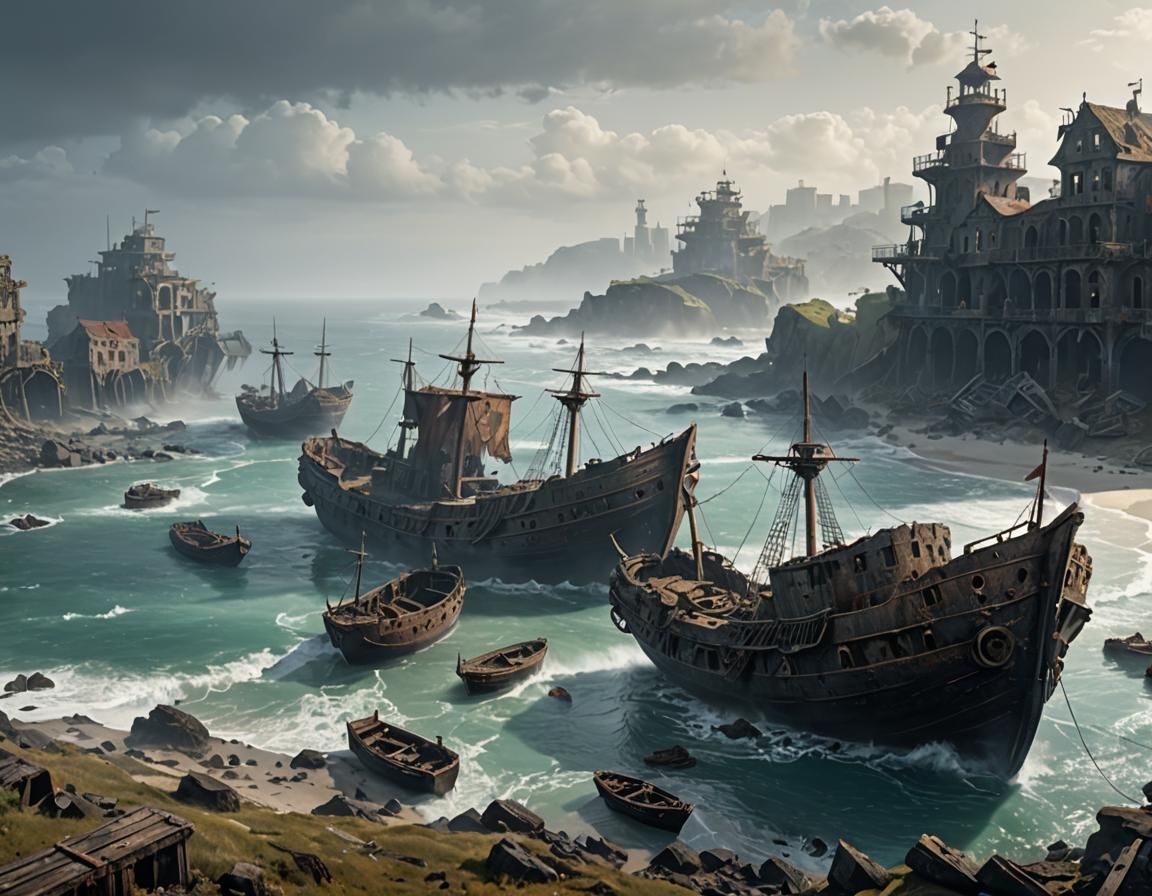 Misty Abandoned City with Shipwrecks