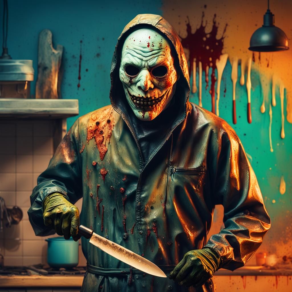 Creepy Masked Figure with Knife in Hyperrealistic Style
