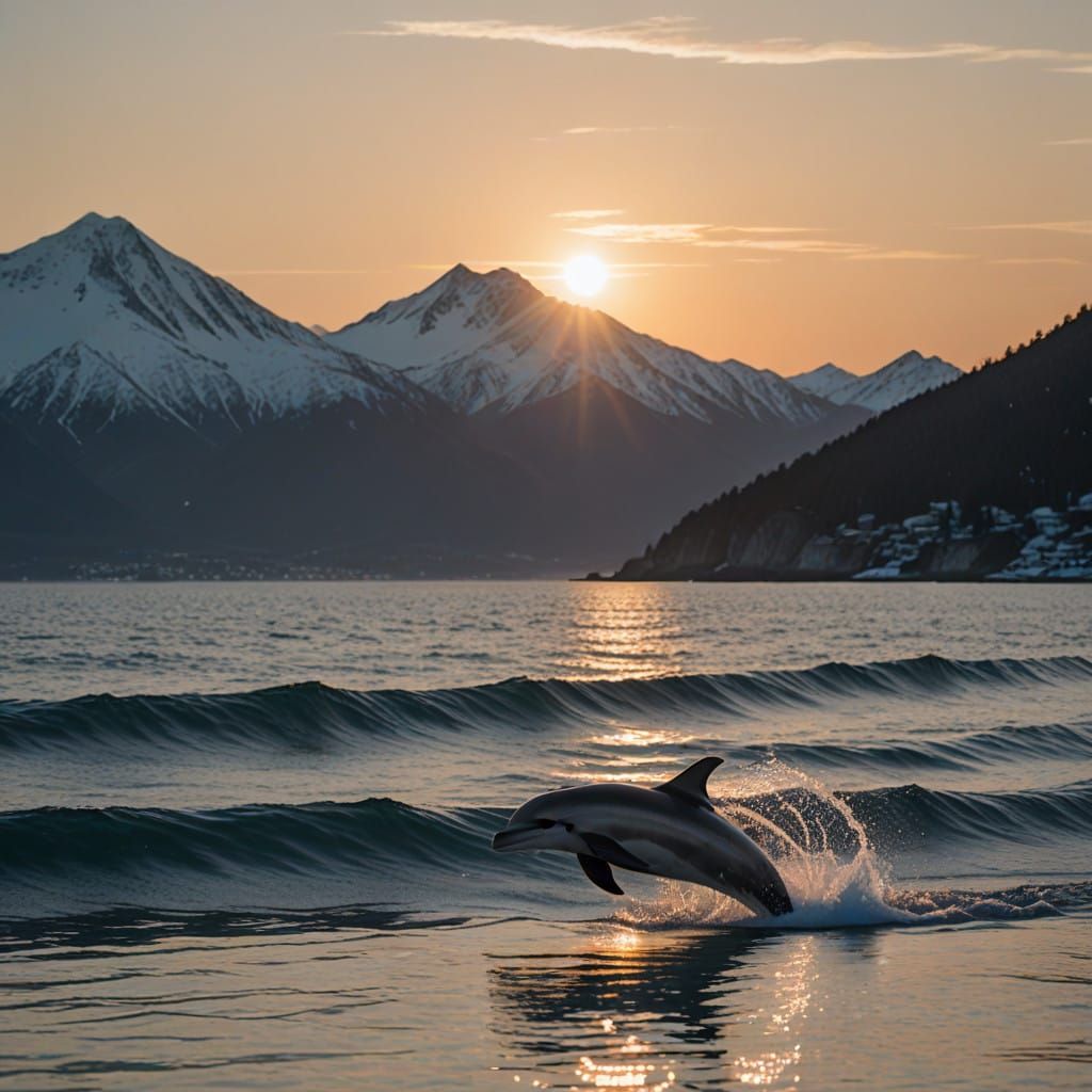 Dolphin and Snow Rabbit Unite Amidst Vibrant Sunrise-Sunset