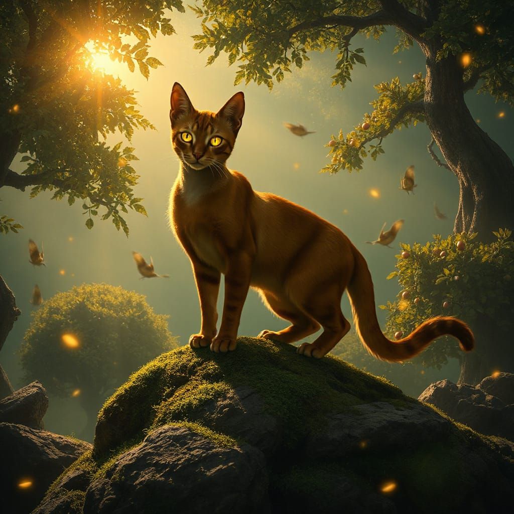 Mystical Cat in Enchanted Forest, Ghibli Style