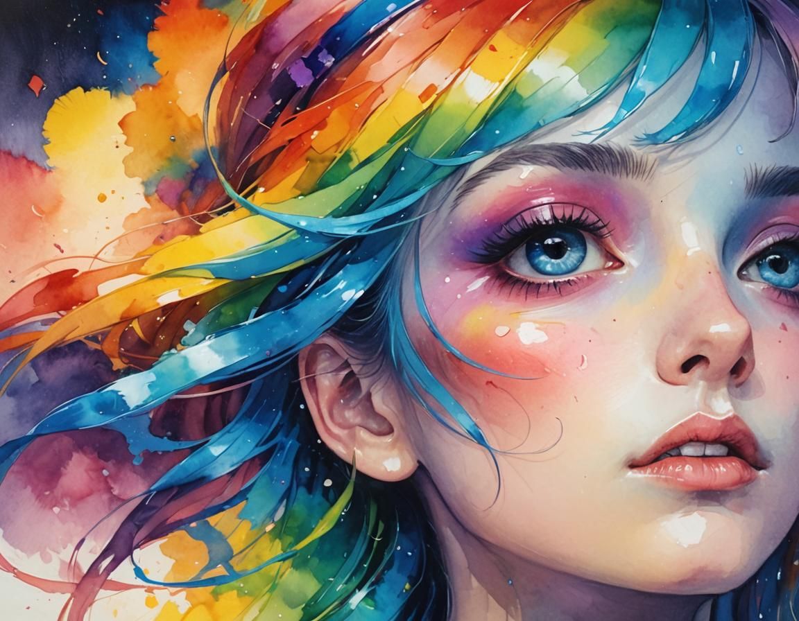 Pensive Girl in Rainbow Colors Portrait