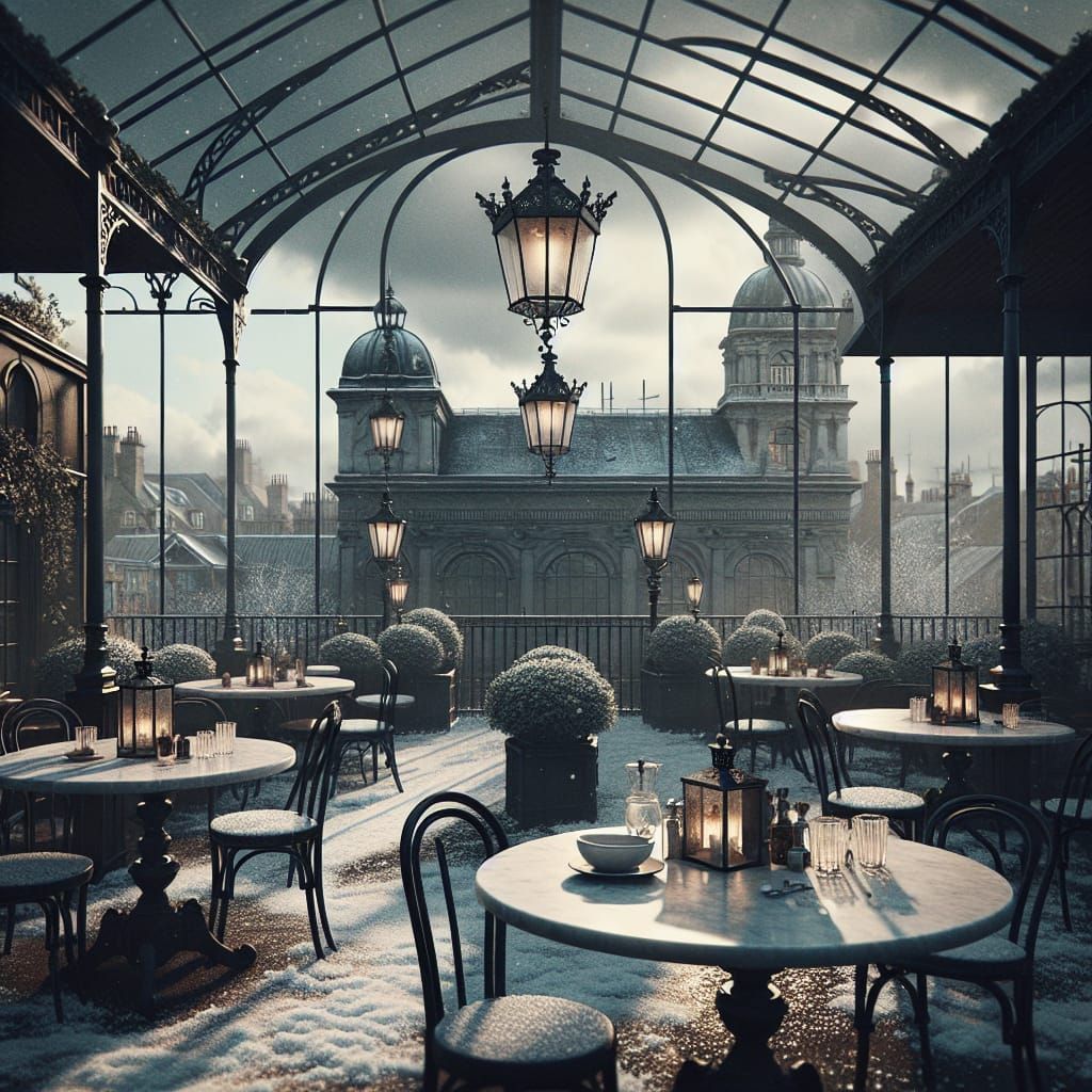 Winter Teahouse Scene with Rooftop Terrace