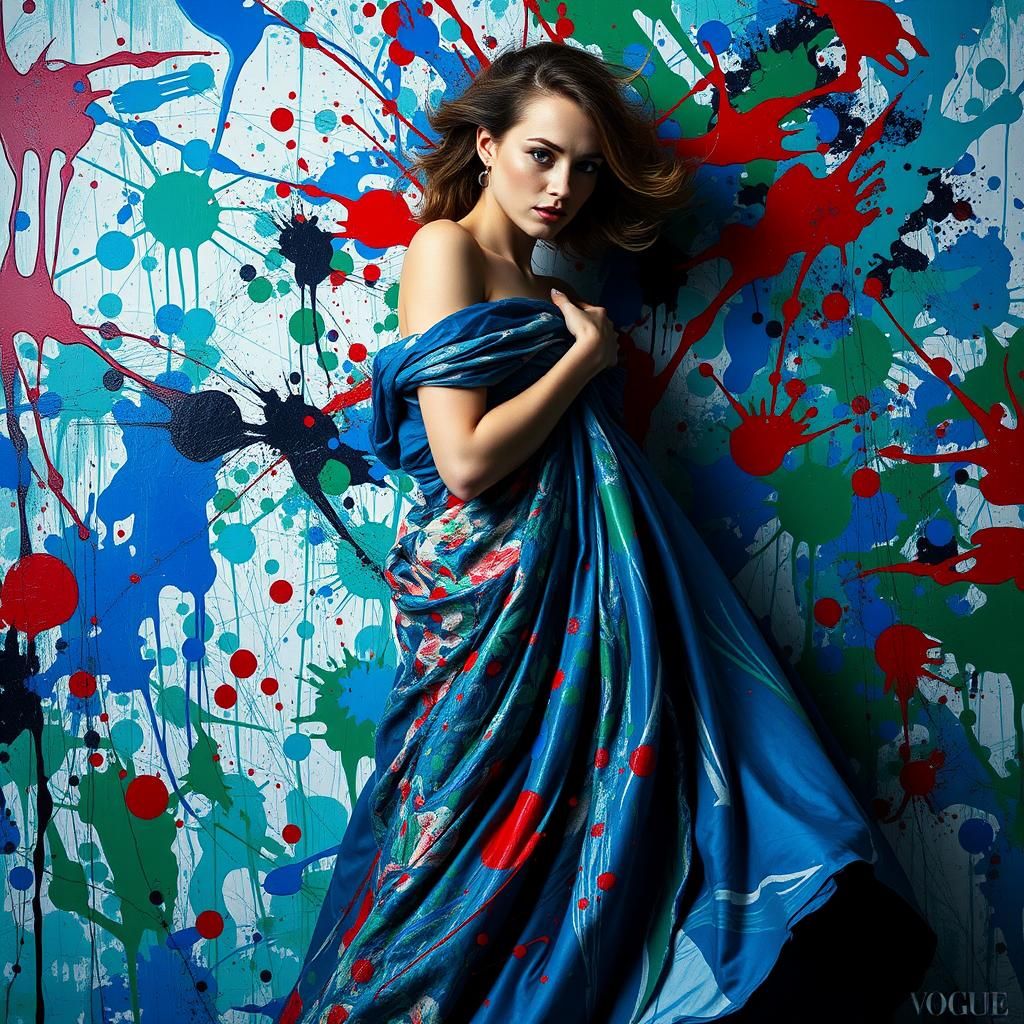 Model in Paint-Splattered Haute Couture Gown