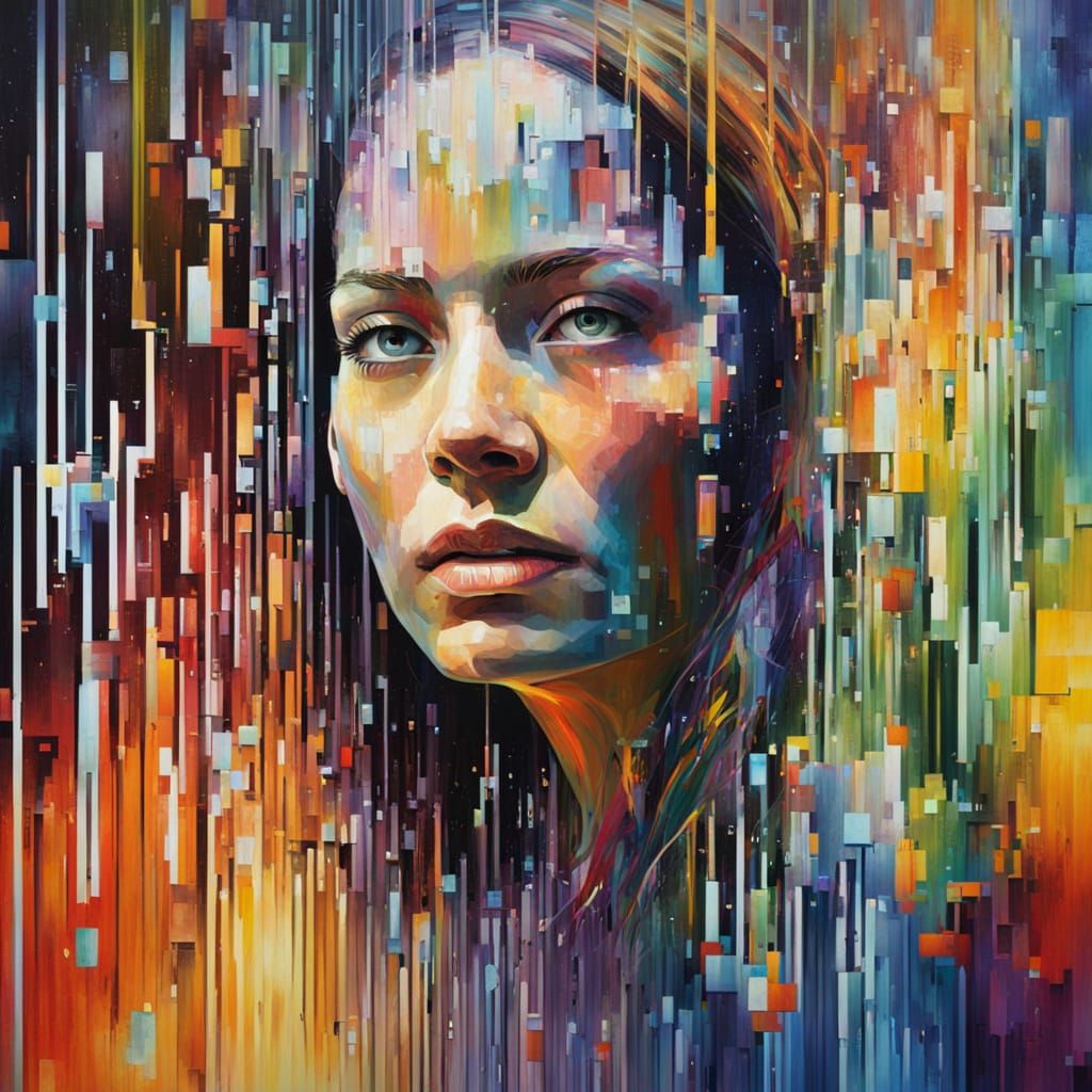 Techno Woman in a Surreal Rainbow Oil Painting