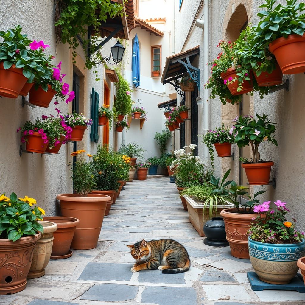 Charming Mediterranean Alley with Sleeping Cat