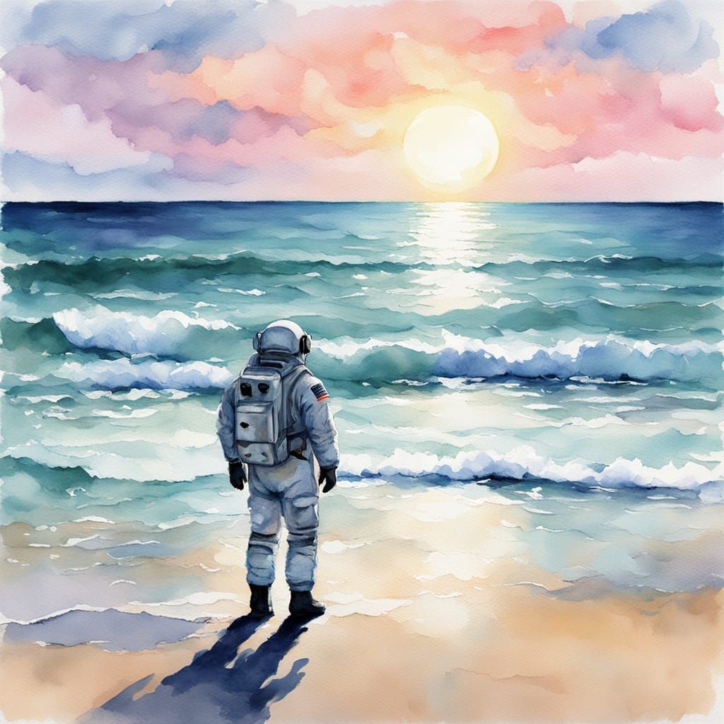 Astronaut Contemplates Ocean on Serene Beach, Impressionist ...