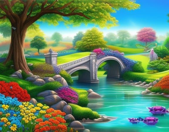 Charming Stone Bridge over Blue Stream in Fairycore Style