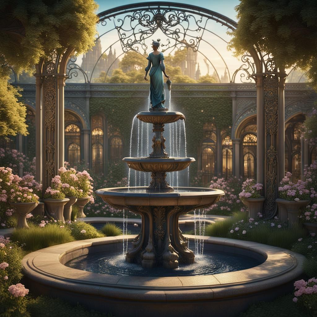 Art Nouveau Garden with Elegant Fountain
