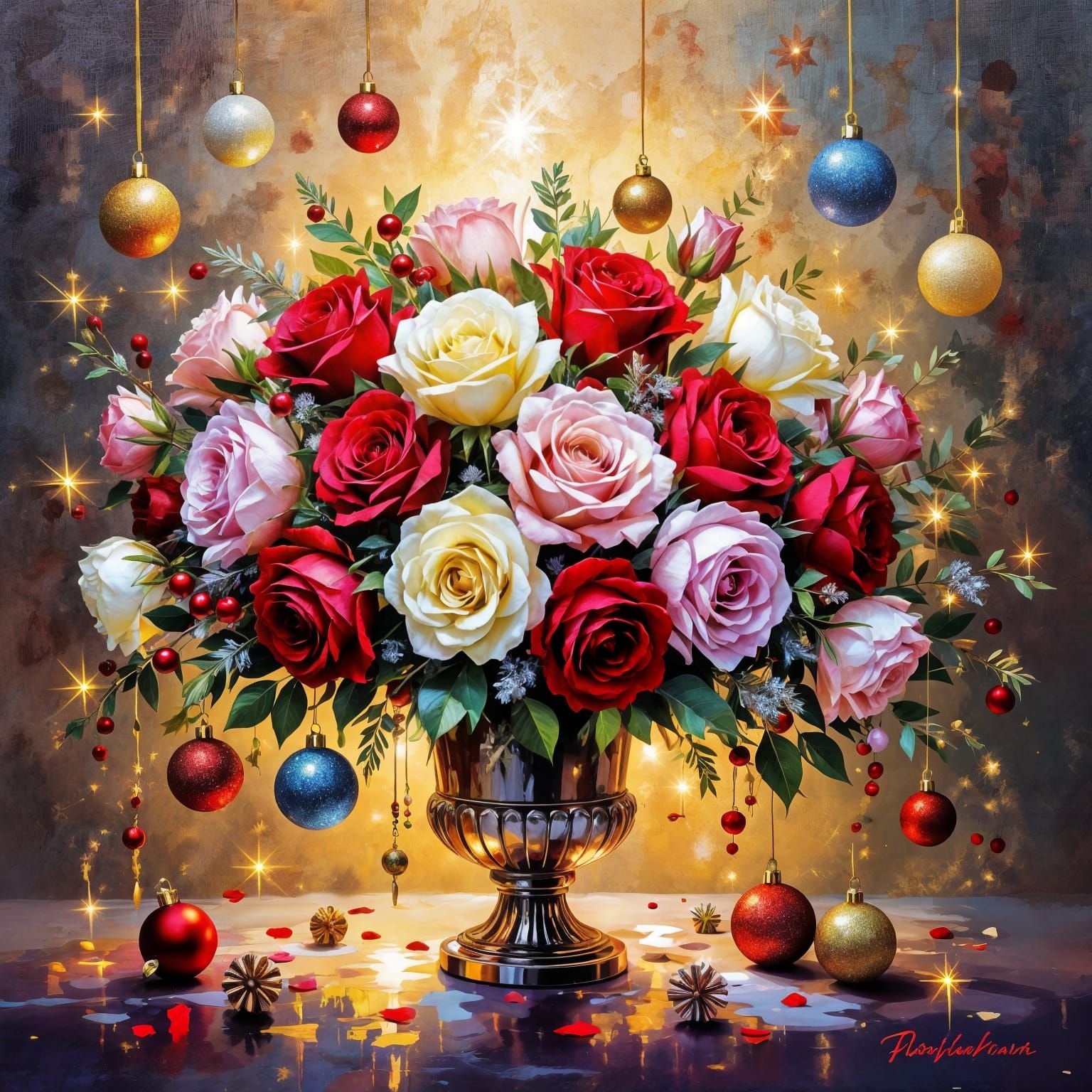 Festive Christmas Floral Still Life as Impasto Acrylic