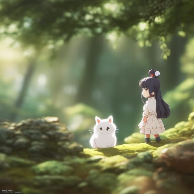 Cute Anime Girl with Forest Creatures, Ghibli Style
