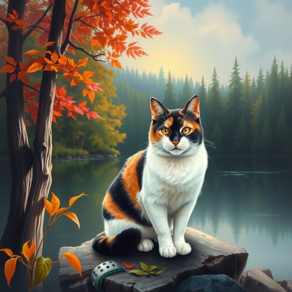 Calico Cat Portrait Painting by Lake