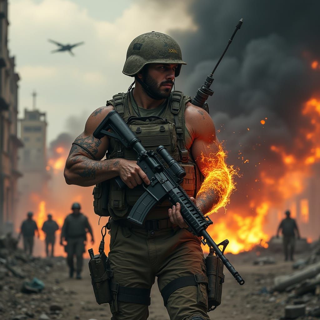 Battle-Scarred Warrior in Tactical Gear, Engulfed in Flames