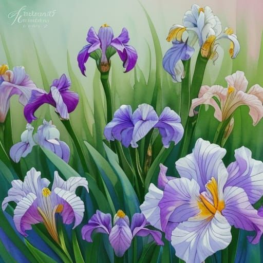 Botanical Iris Illustration in Watercolor Style