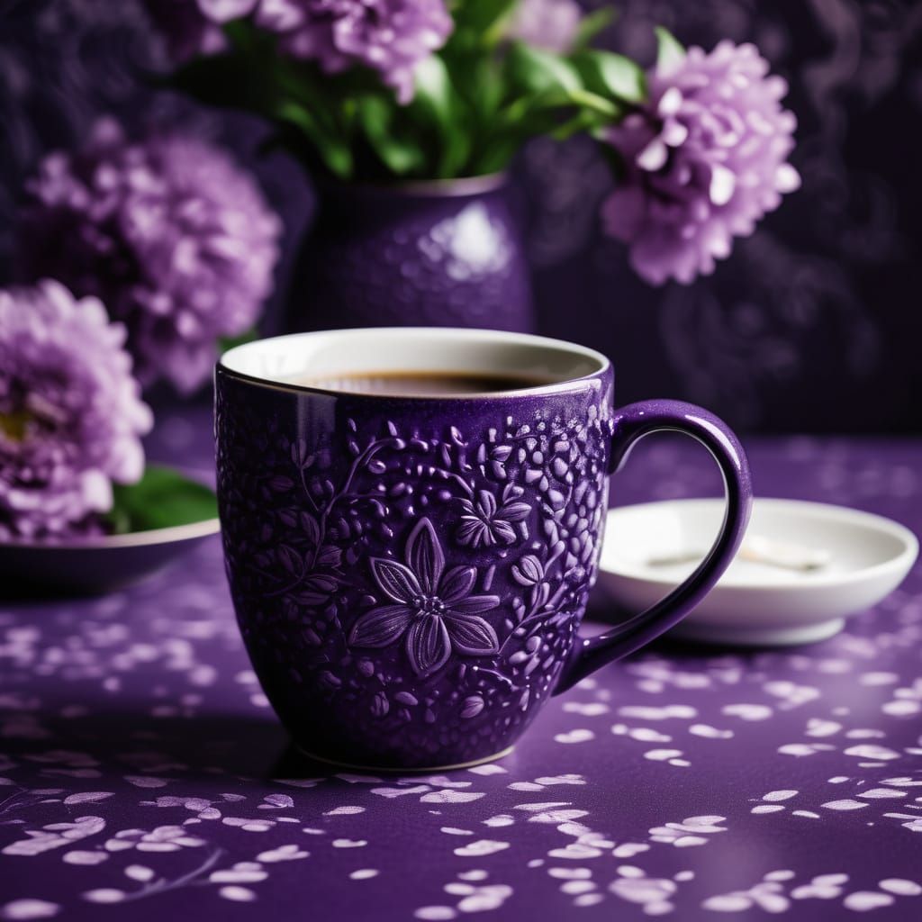 Purple Glitter Coffee Mug with Elegant Flowers