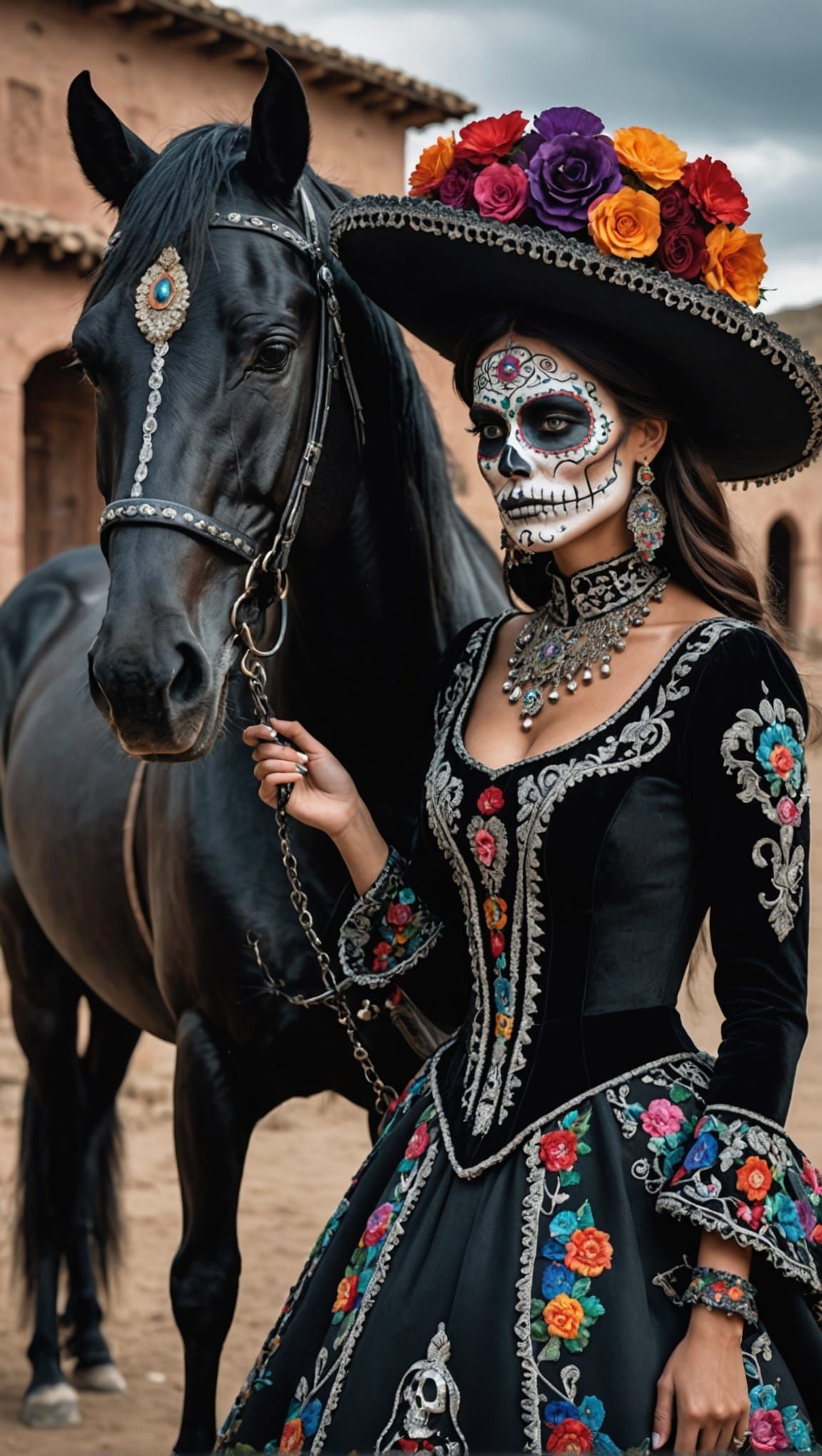 Catrina and Percheron Horse in Day of the Dead Photography
