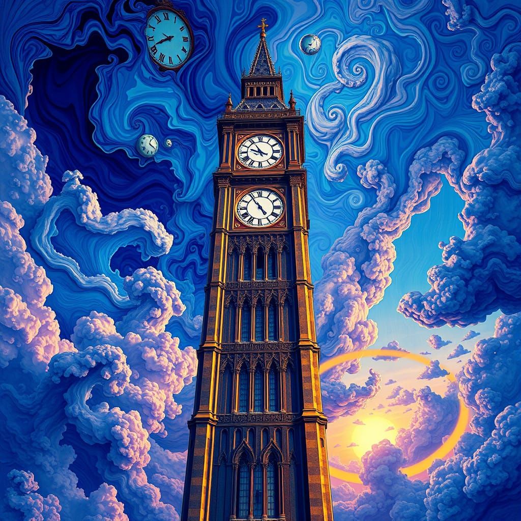 Surrealist Clock Tower Ascends into Vibrant Dreamscape