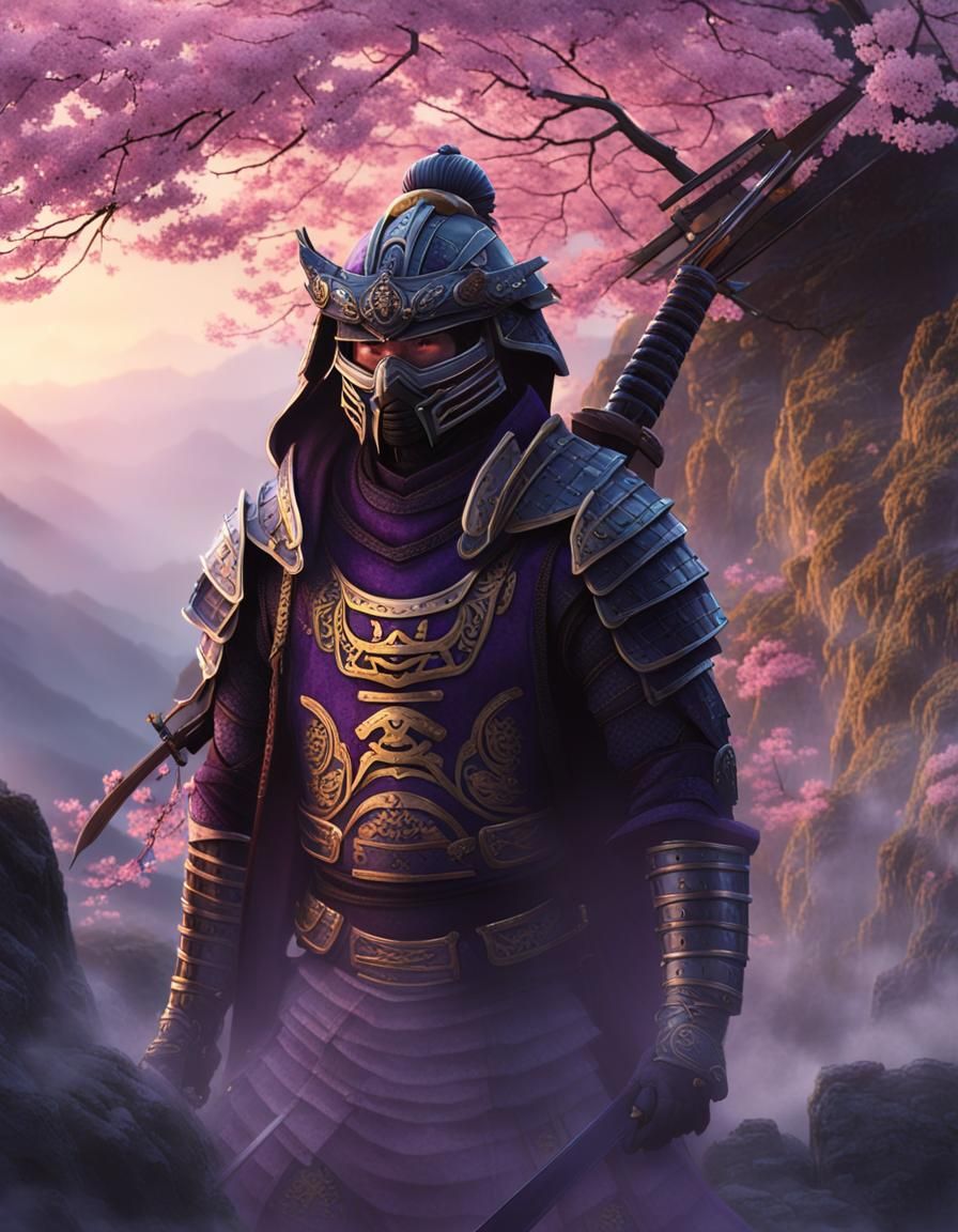 Samurai on Misty Mountain Ledge in Dark Fantasy Art