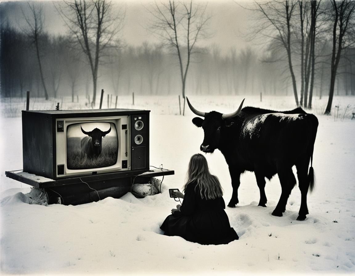 Surreal Cattle Scene in Vintage Polaroid Style