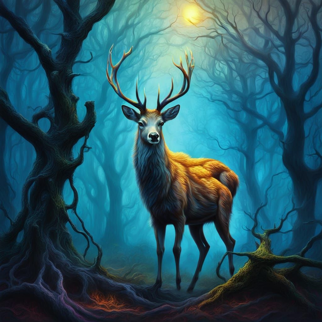 Ghostly Deer in Haunted Forest: Surreal Oil Painting
