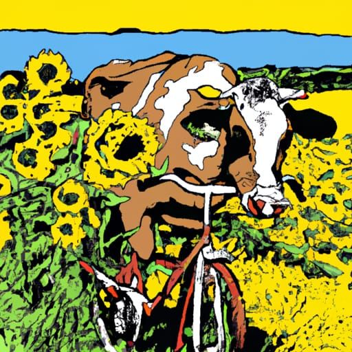 Cow on Bike: Surreal Pop Art Sunflower Field