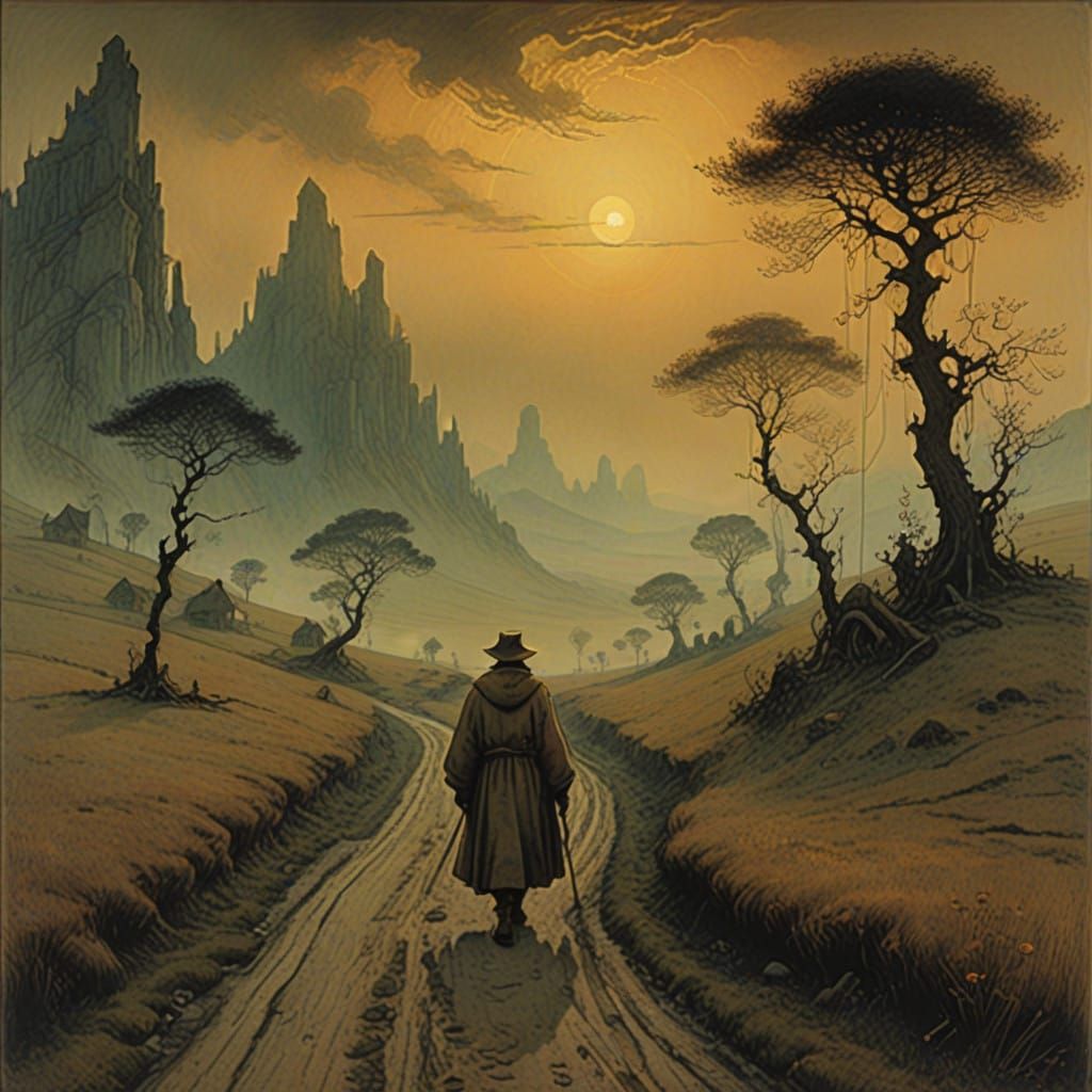 Whimsical Traveler in Dreamlike Landscape