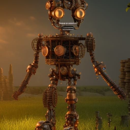 Steampunk Robot of Wood and Stone: Fantasy Art