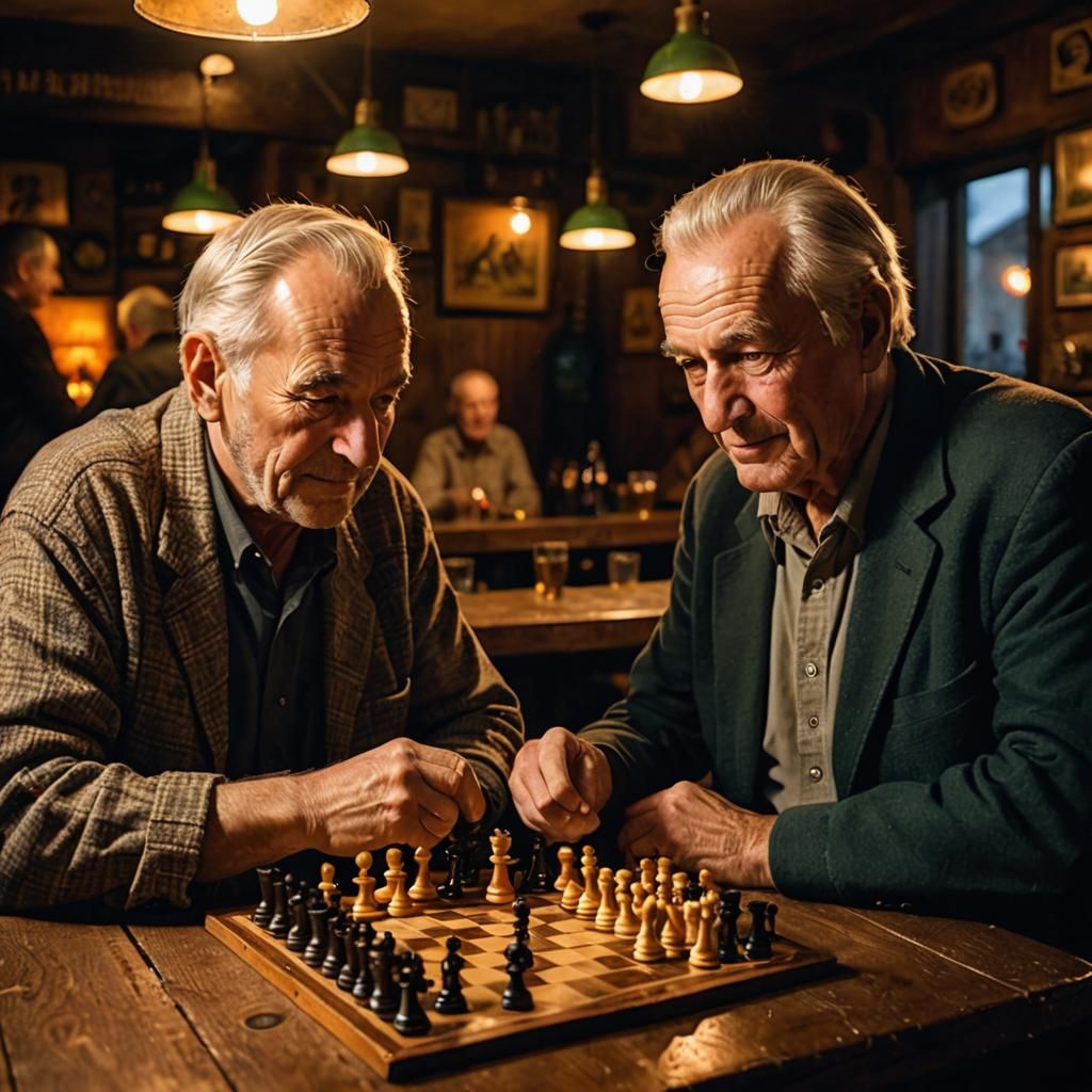Chess Game in Old Bar with Evening Light