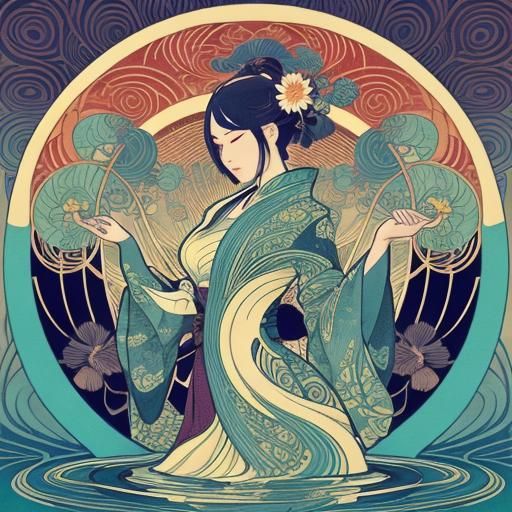 Surreal Japanese Art Nouveau Crane in Melting Garden