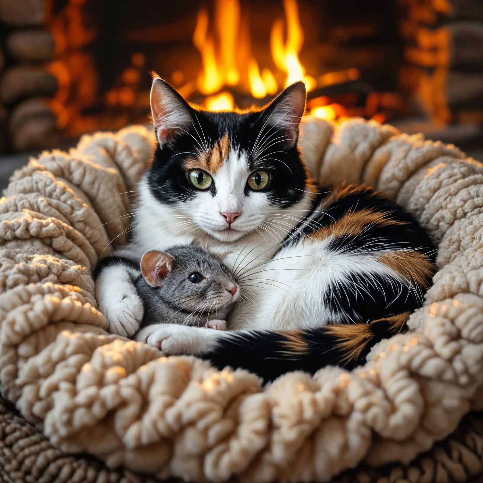Cozy Fireplace Lounge with Cat and Mouse