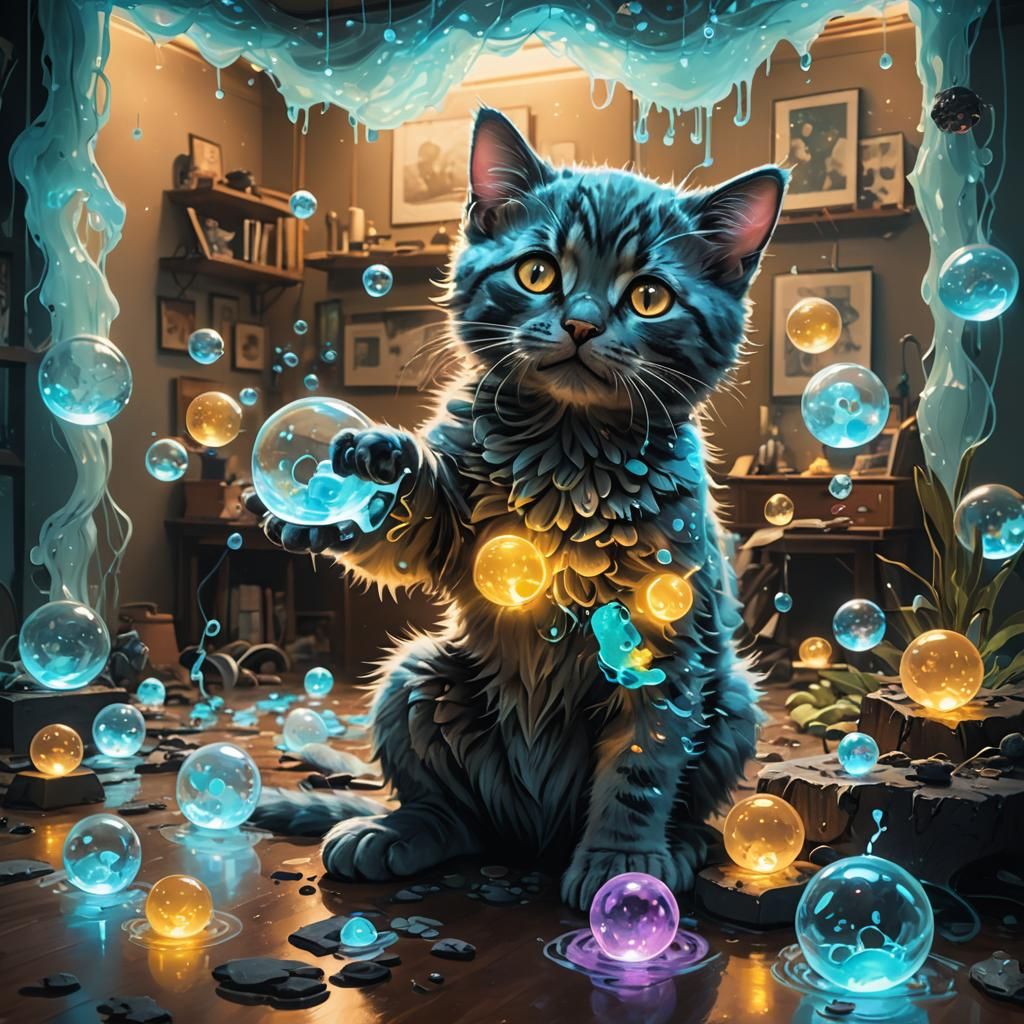 Bioluminescent Kitten Elemental in Ethereal Liquid World