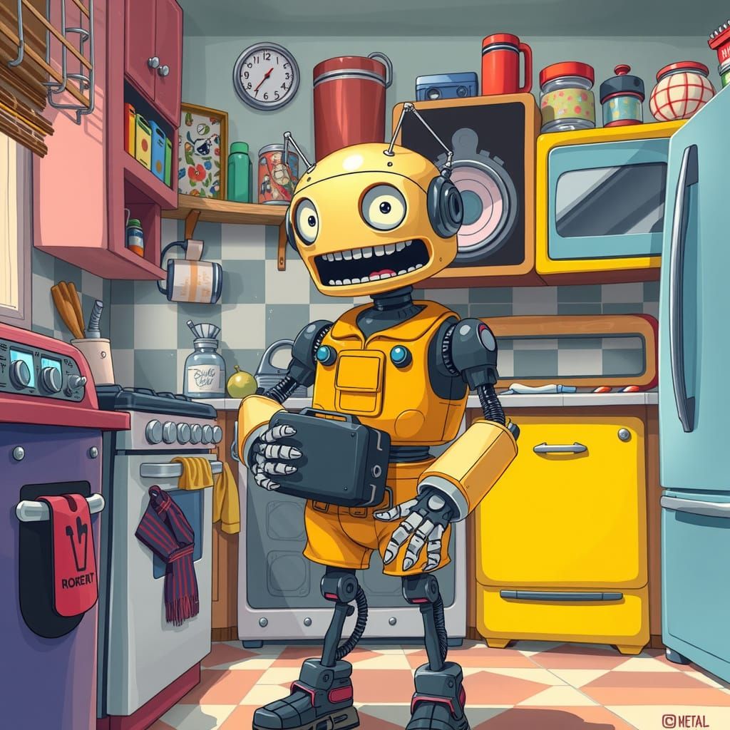 Humorous Robot's Battery Emergency: Digital Painting